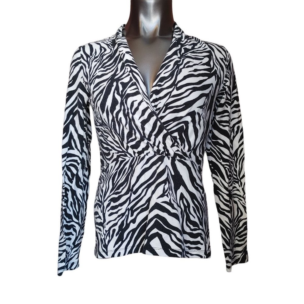 JONES NEW YORK SIGNATURE Womens S Black White Striped Animal Print V-Neck Blouse